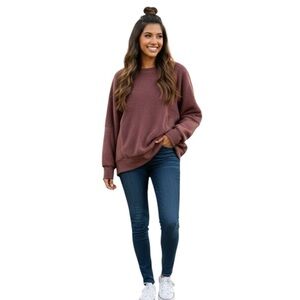 Tahari Sport Sherpa Pullover Sweater 1X Brown Mauve Back Zip Thumbholes Ribbed